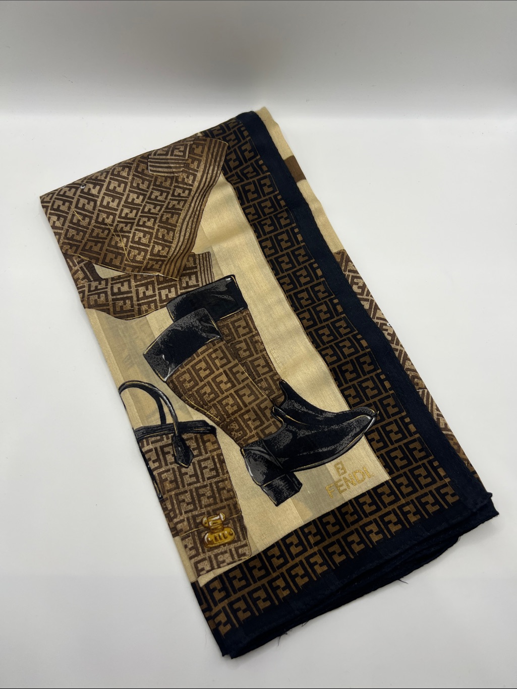 1453. Vintage Fendi Ff Logo Boot & Handbag Print Silk Blend Scarf. 23 X 23.